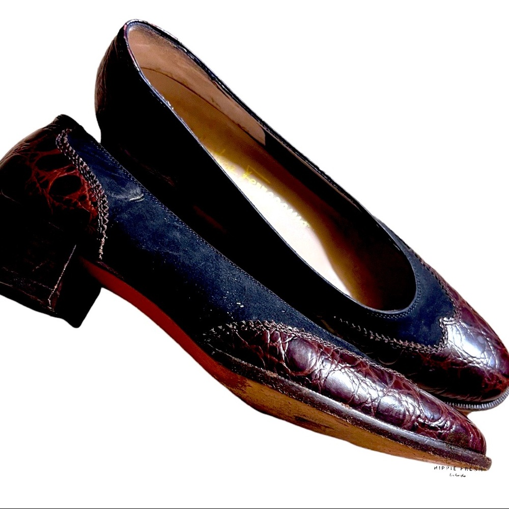 Salvatore Ferragamo Boutique Crocodile & Black Suede Leather Pumps Size 6